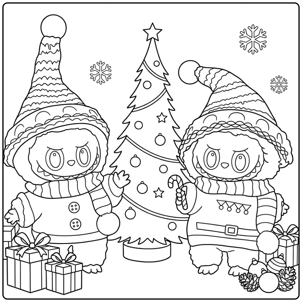 Cheerful Labubu Christmas Celebrating coloring page