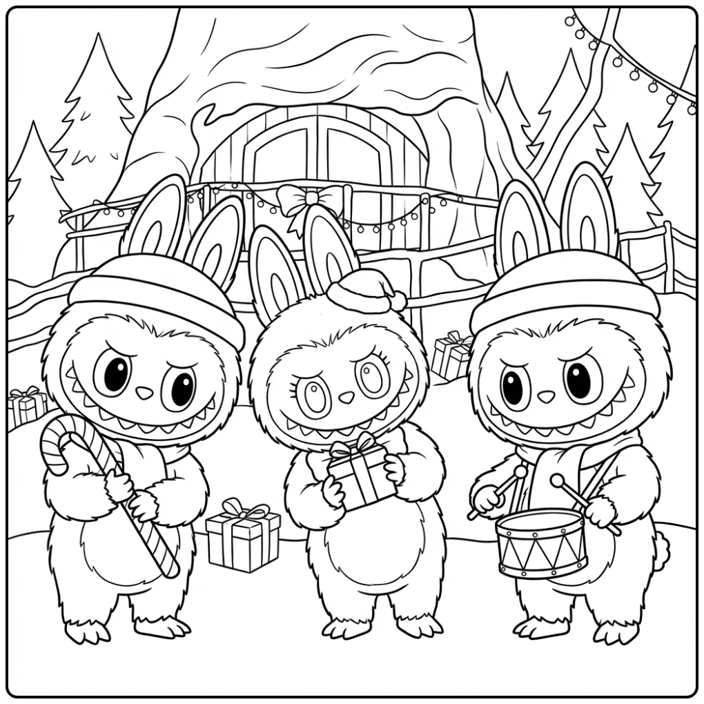Cheerful Labubu Christmas with Gifts and Music coloring page