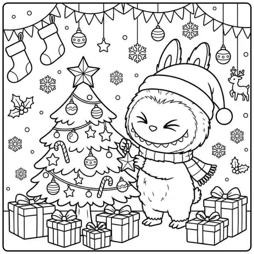 Cheerful Labubu Christmas with Gifts and Snow coloring page