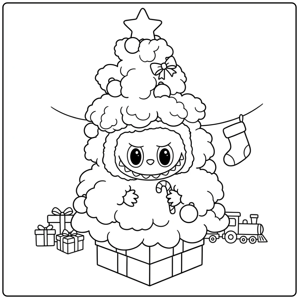 Cheerful Labubu Christmas with Gifts and Toys coloring page