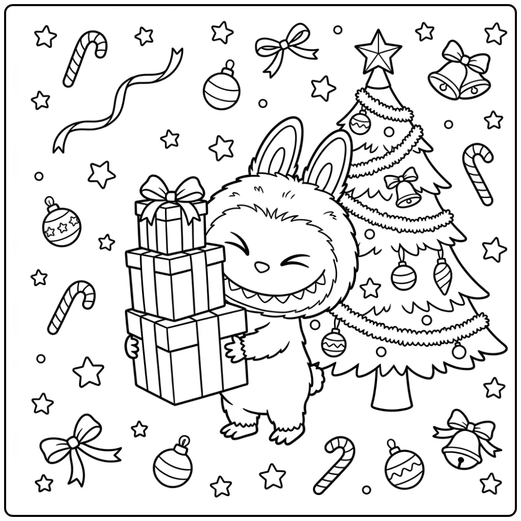 Cheerful Labubu Christmas with Gifts and Decorations coloring page