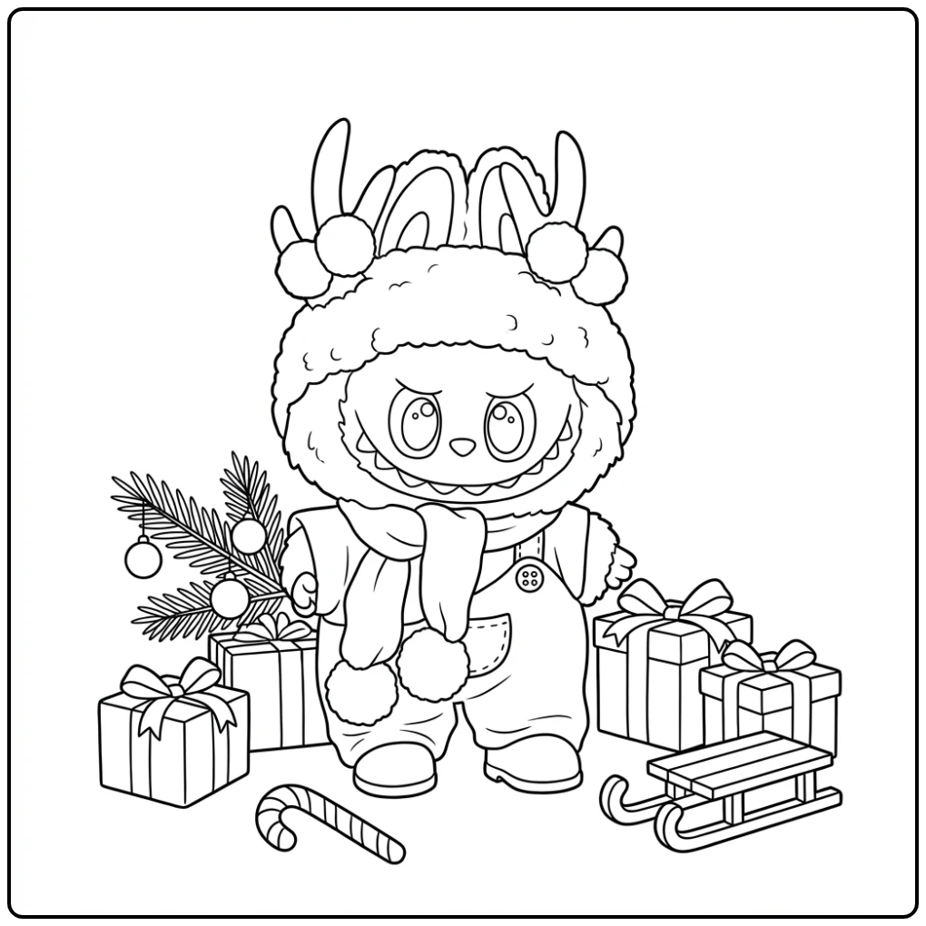Cheerful Labubu Christmas with Gifts coloring page