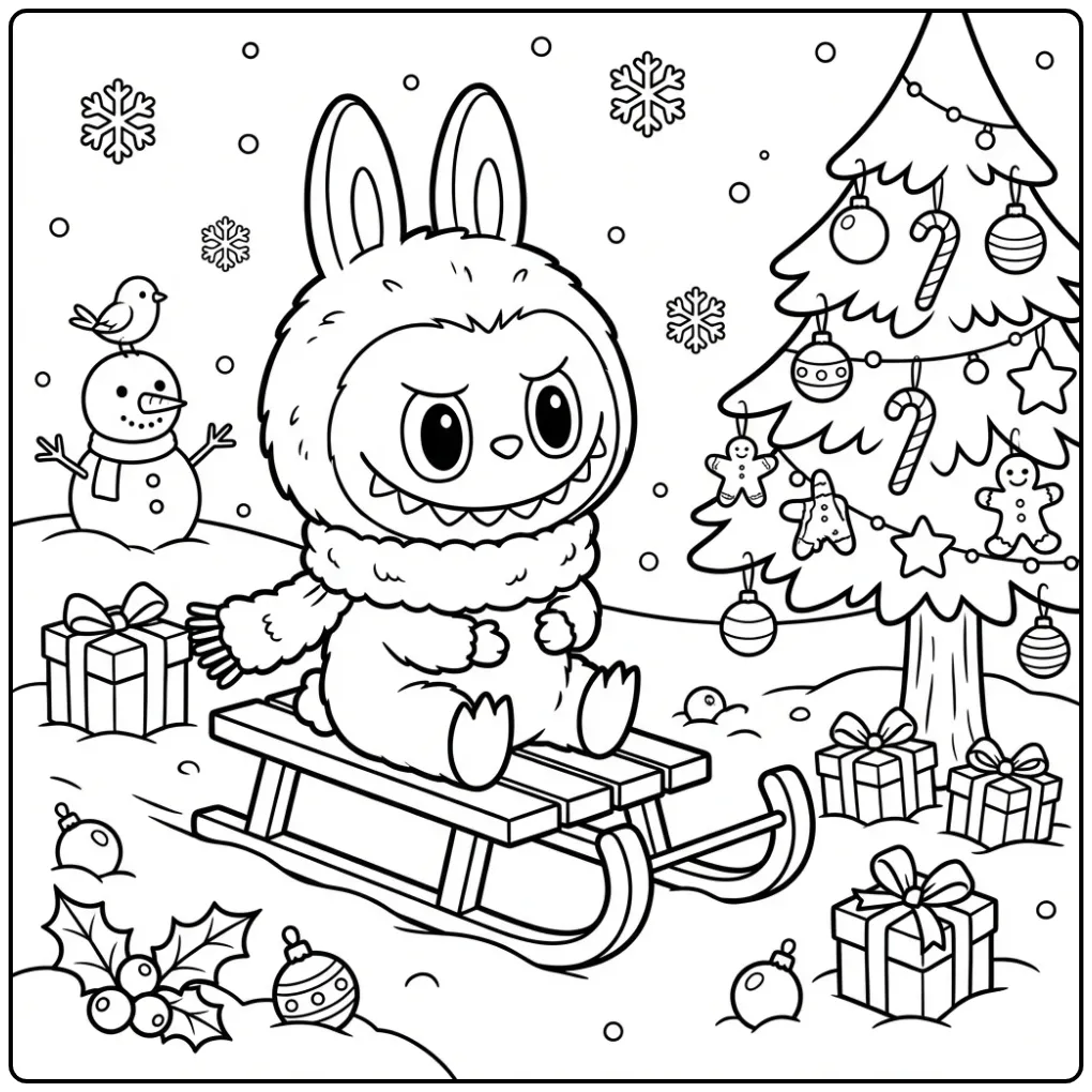 Cheerful Labubu Christmas with Gifts and a Sleigh coloring page