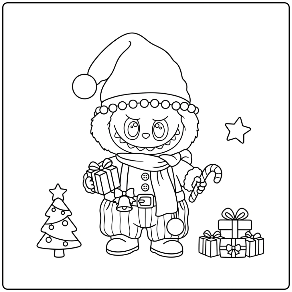 Cheerful Labubu Christmas with Gifts coloring page