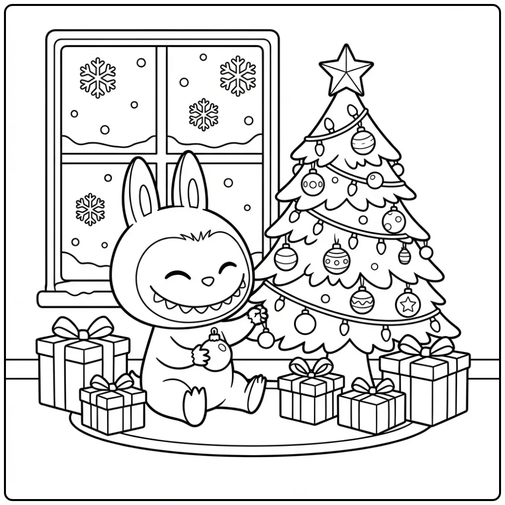 Cheerful Labubu Christmas with Snow and Packages coloring page