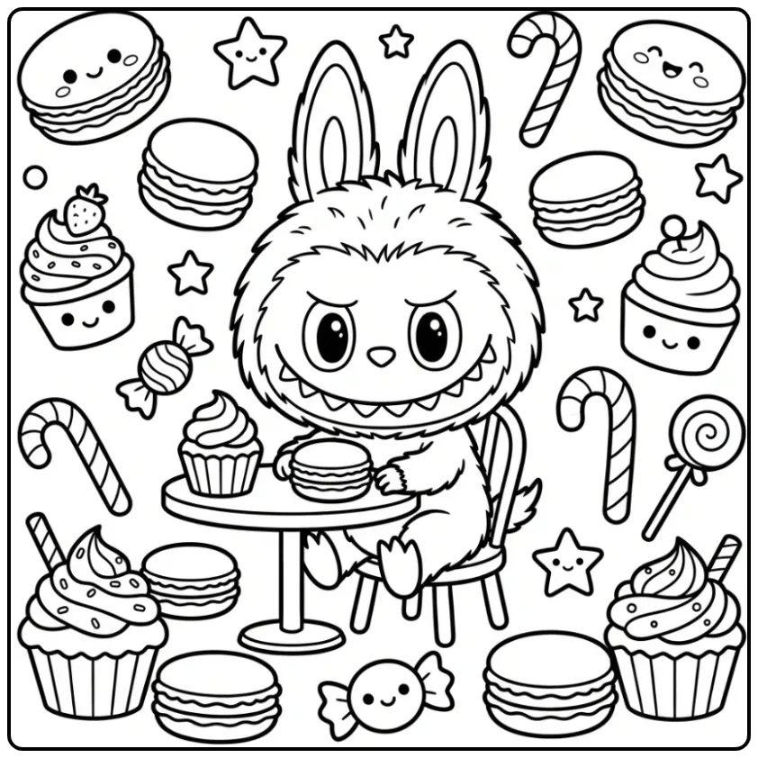 Cheerful Labubu Macaron in the Bakery coloring page