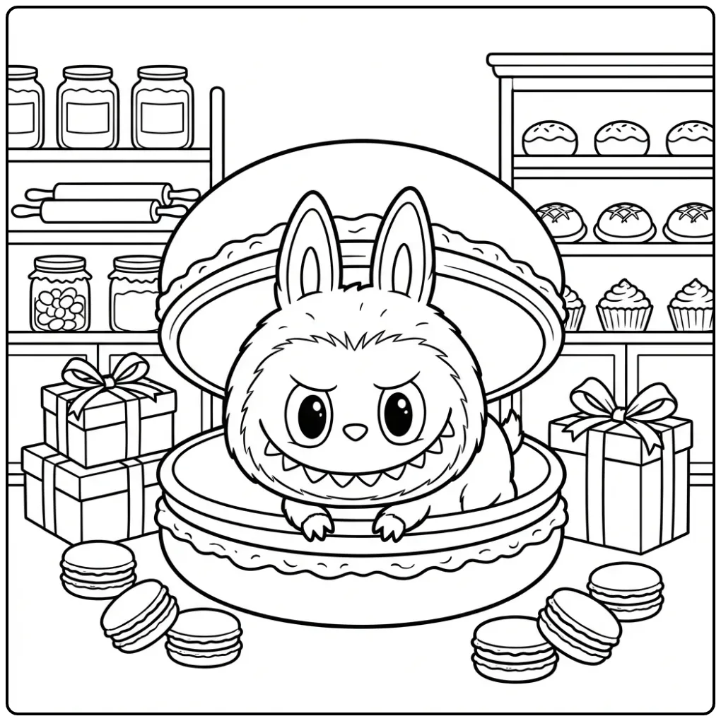 Cheerful Labubu Macaron with Treats coloring page