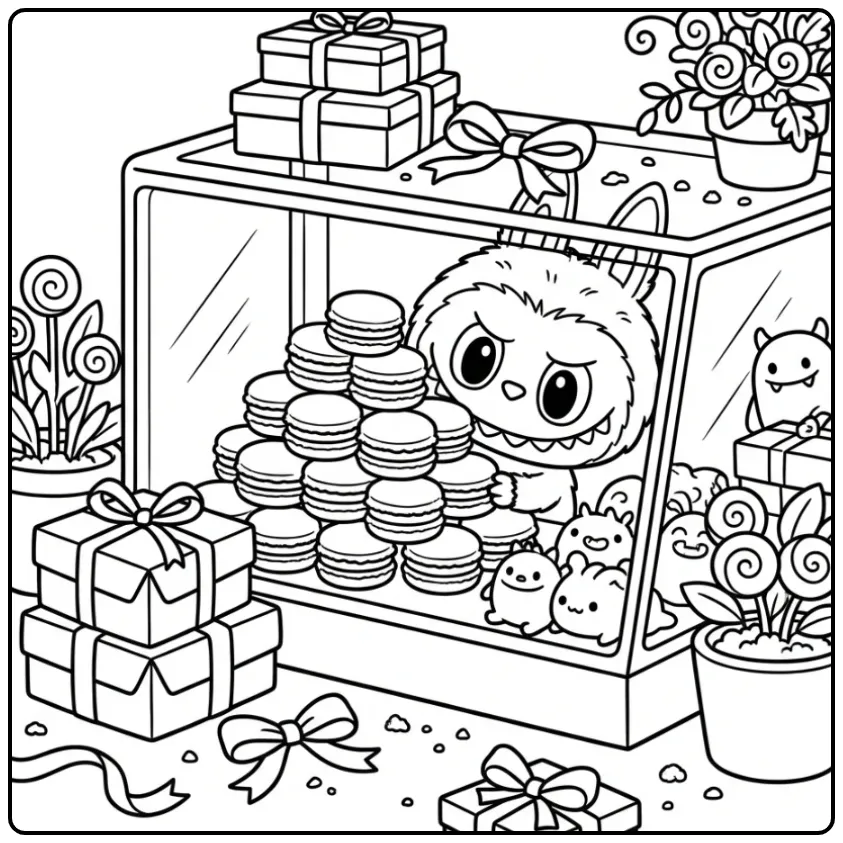 Labubu with macarons coloring page