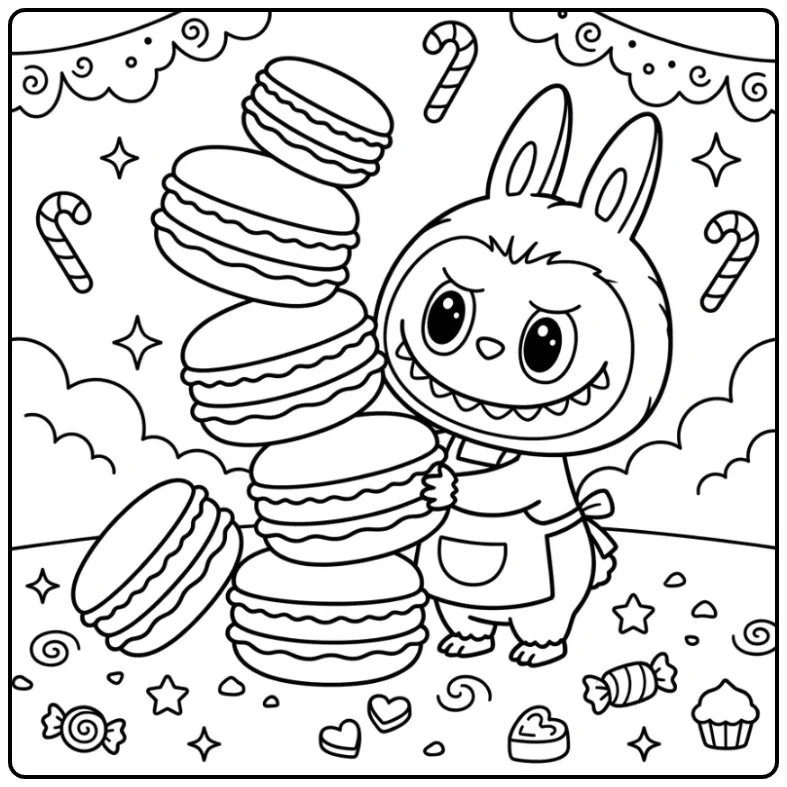 Cheerful Labubu Macaron with Sweet Tower coloring page