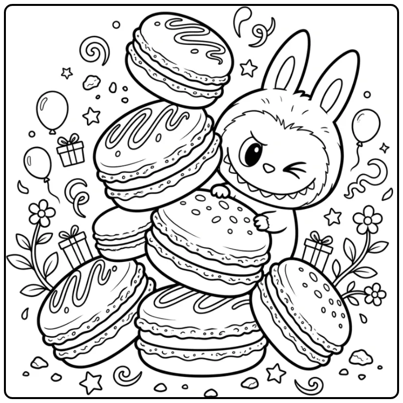 Cheerful Labubu Secret Behind Sweet Macarons coloring page