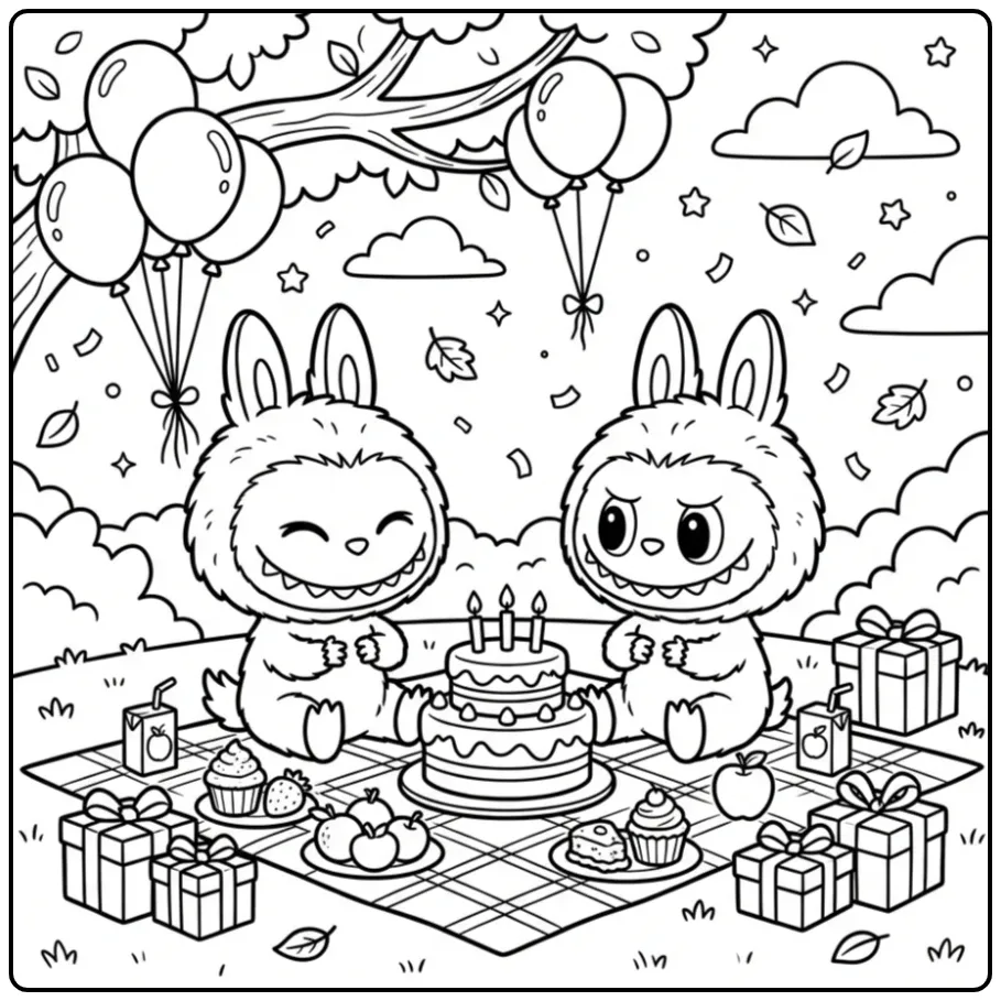 Labubu birthday celebration coloring page