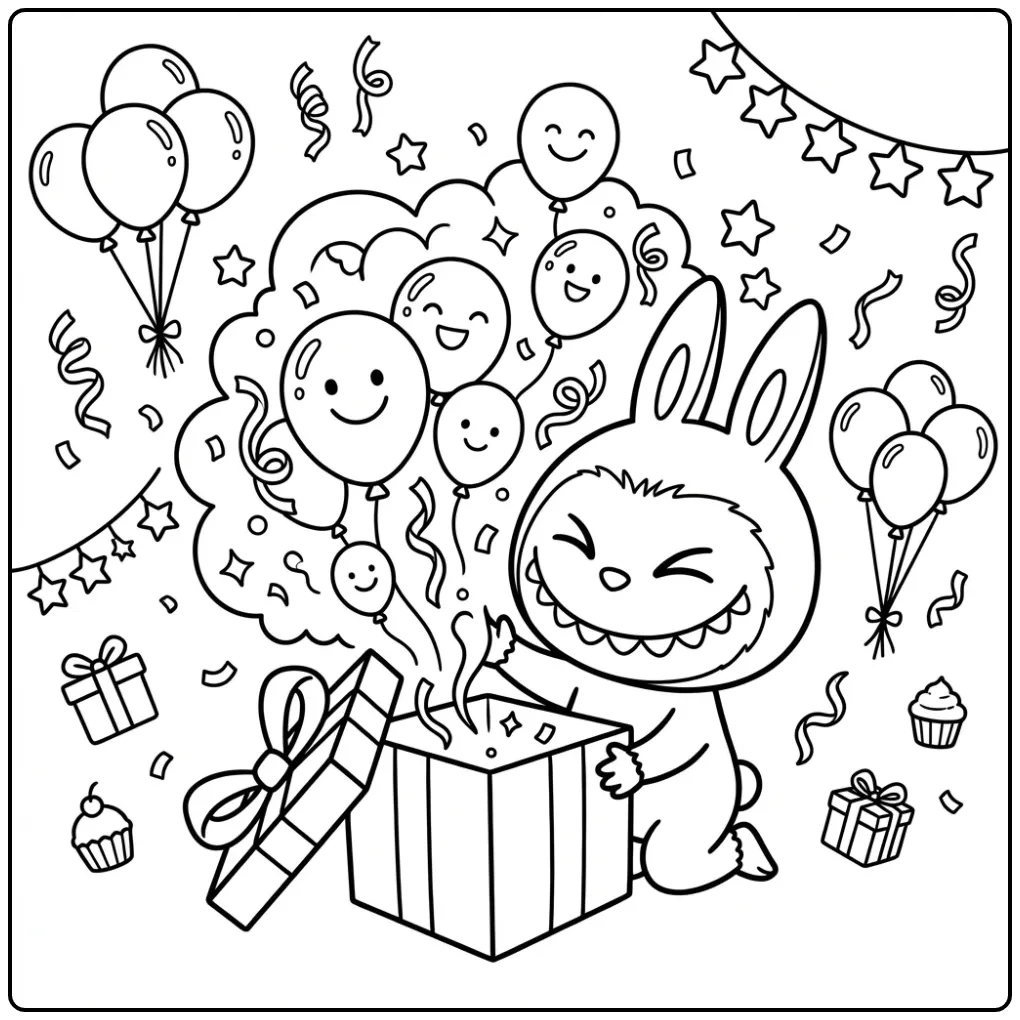 Cheerful Labubu Birthday with Gift coloring page