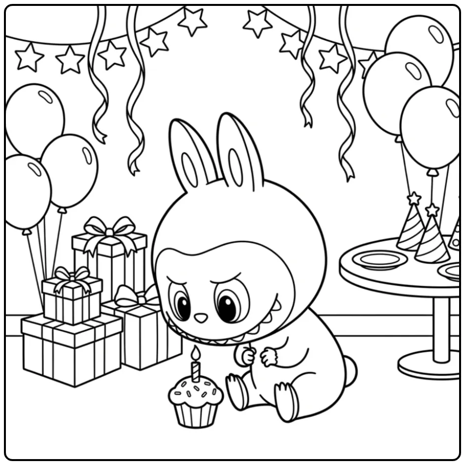 Cheerful Labubu Birthday with Party Decorations coloring page