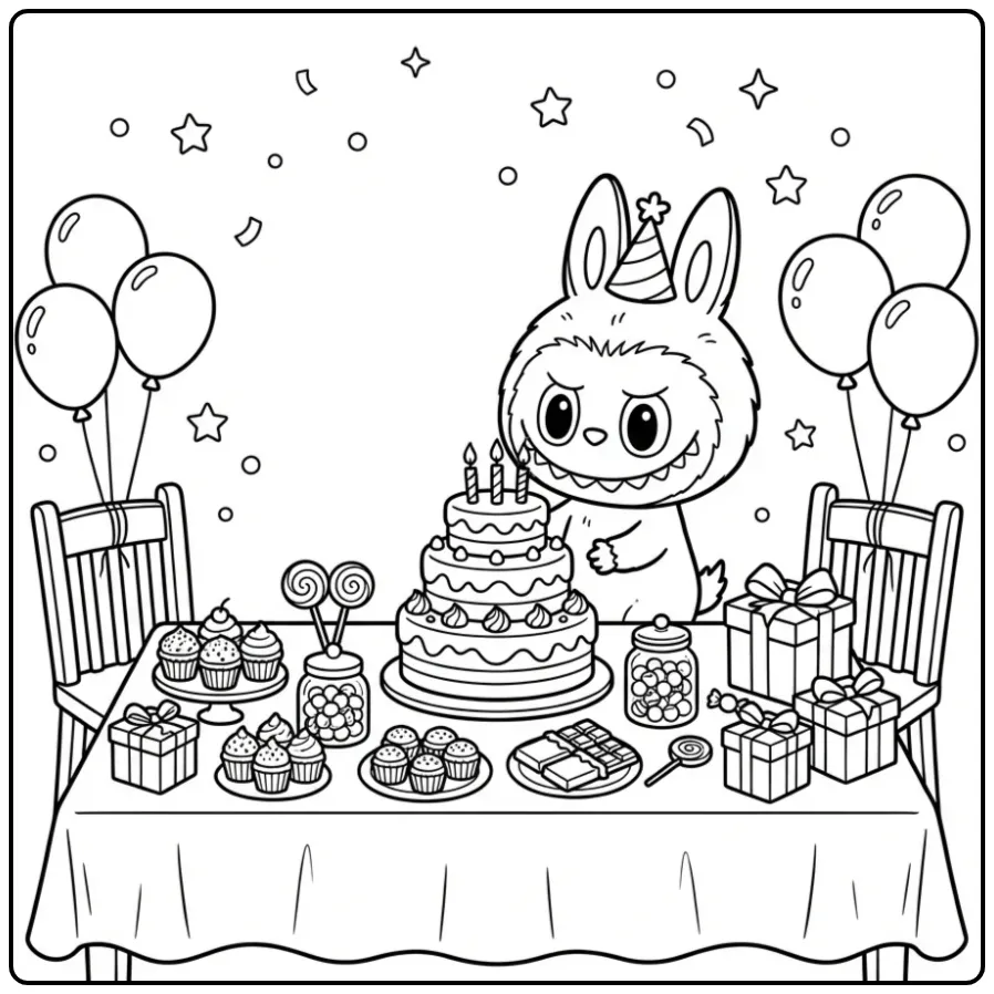 Cheerful Labubu Birthday with Treats coloring page