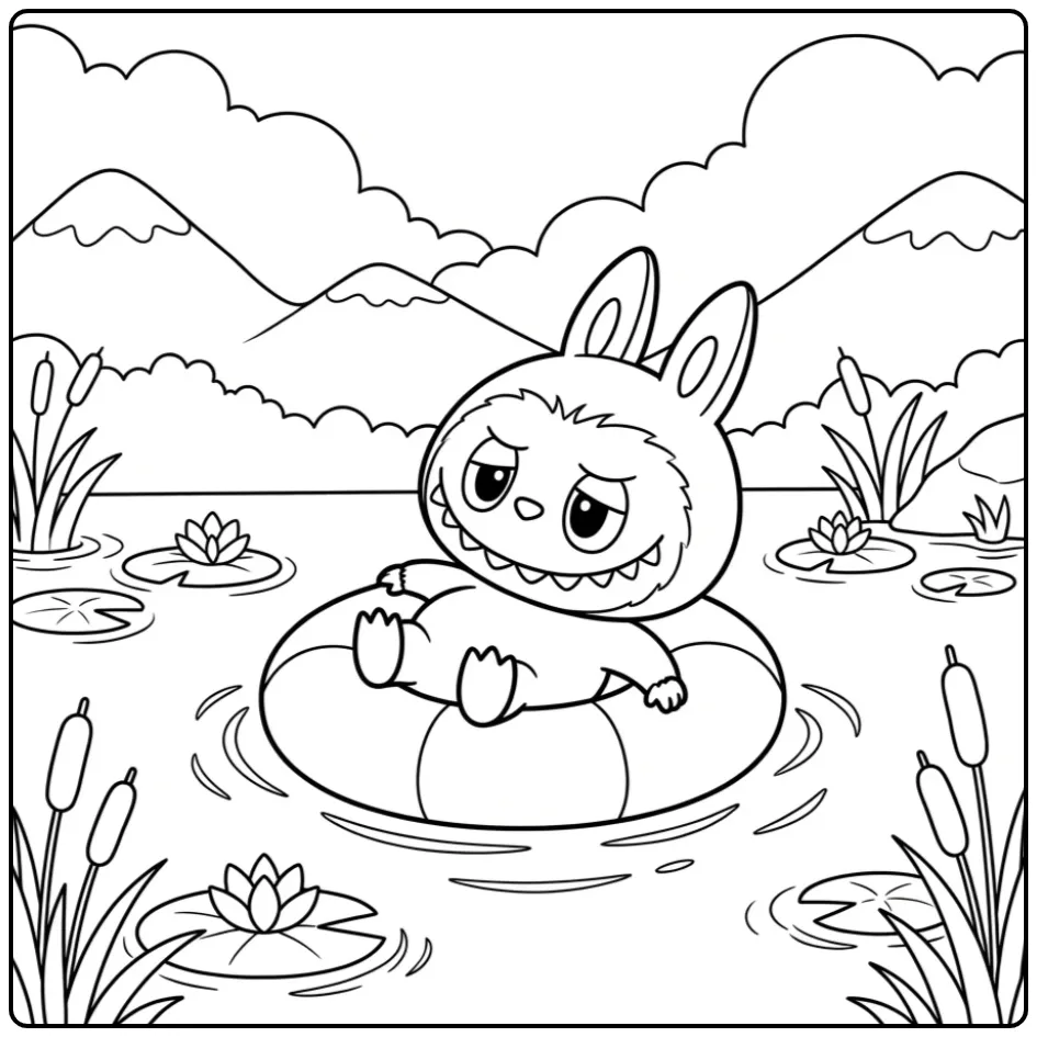 Cheerful Labubu Floating on the Water in Summer coloring page