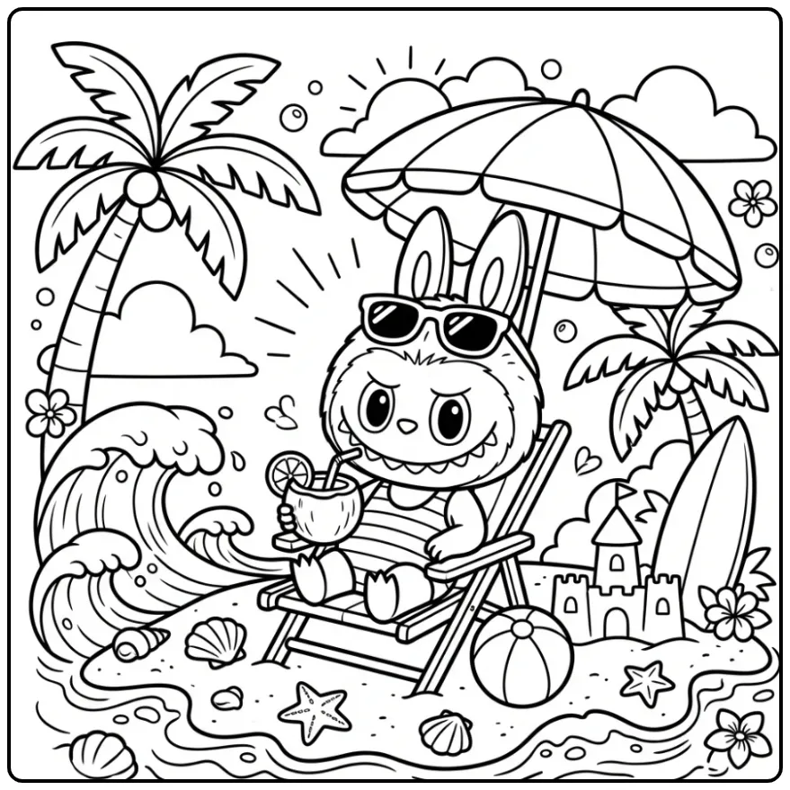 Cheerful Labubu Summer with a Cool Drink coloring page
