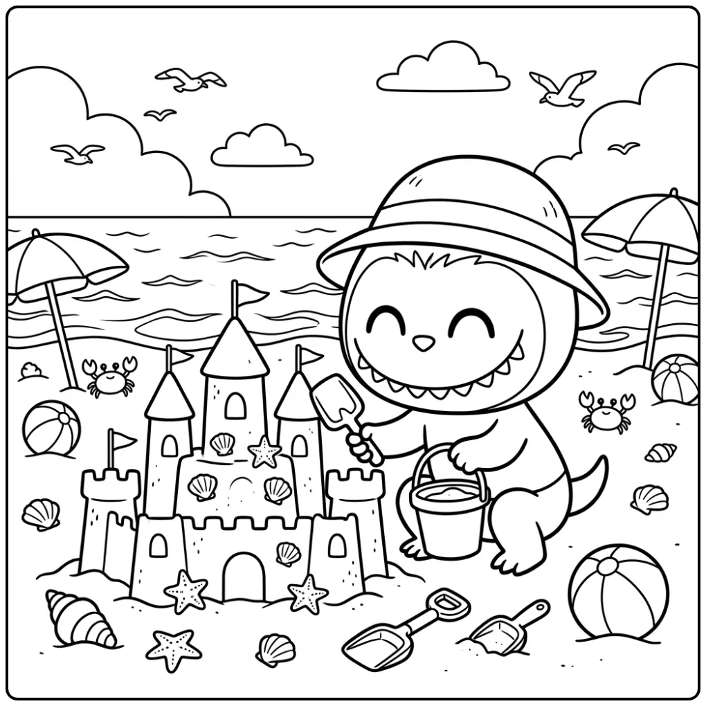 Cheerful Labubu Summer with a Beautiful Sand Castle coloring page