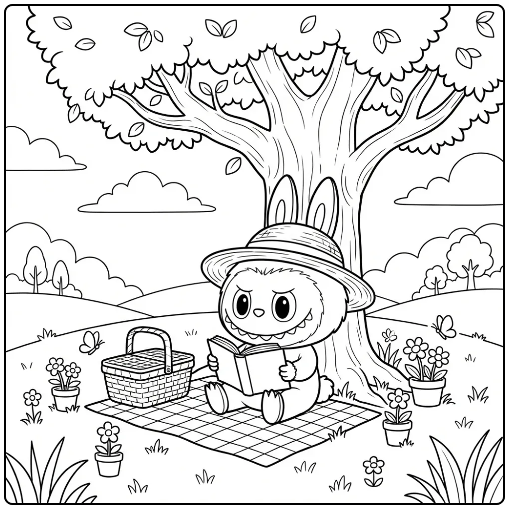 Cheerful Labubu Summer with a Picnic Basket coloring page