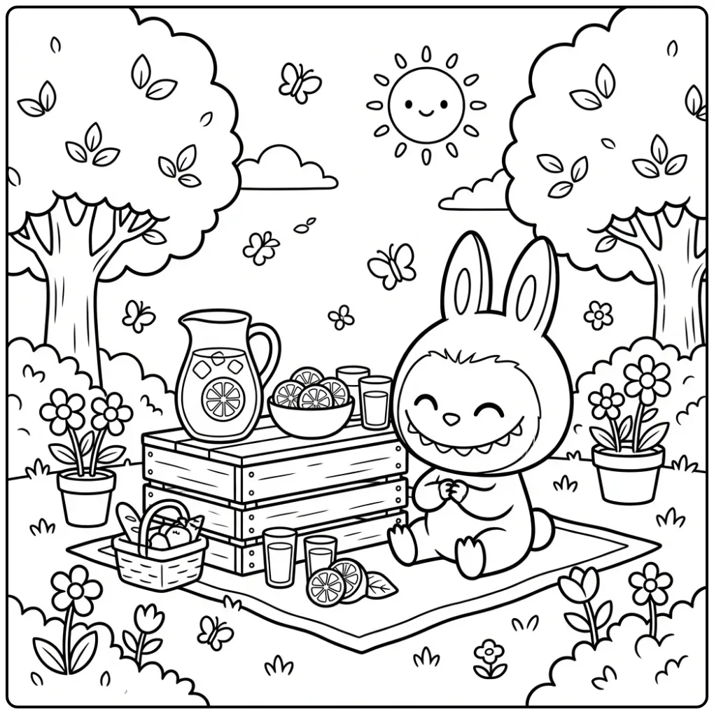 Cheerful Labubu with Fresh Lemonade in Summer coloring page