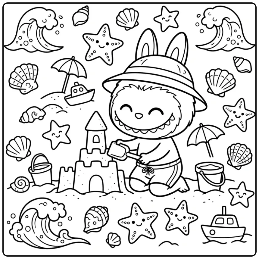 Cheerful Labubu Summer with Starfish and Shells coloring page