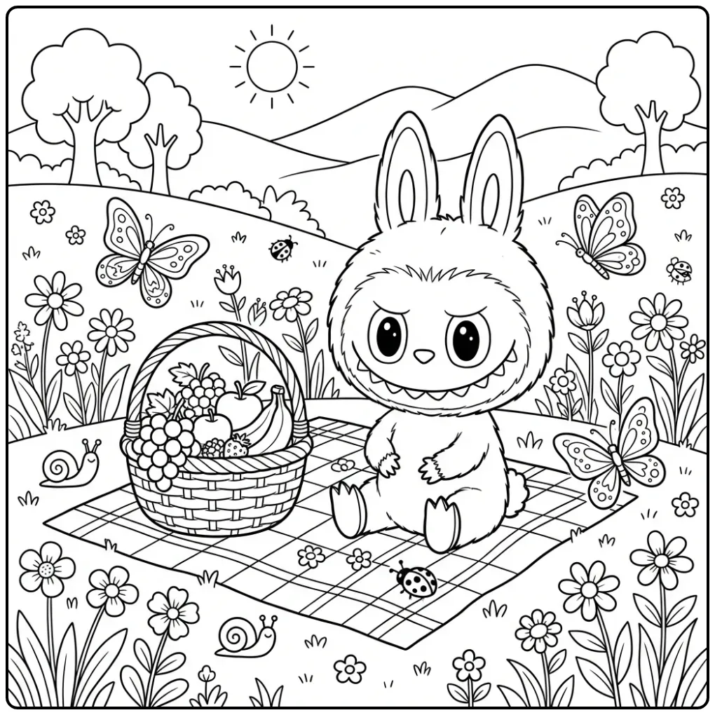 Cheerful Labubu Summer Picnic in the Meadow coloring page