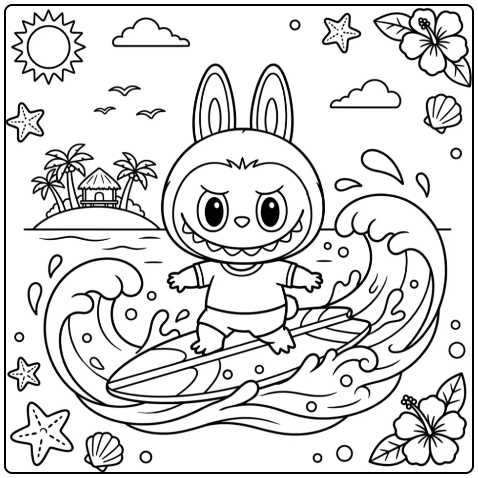 Cheerful Labubu Summer Surfing coloring page