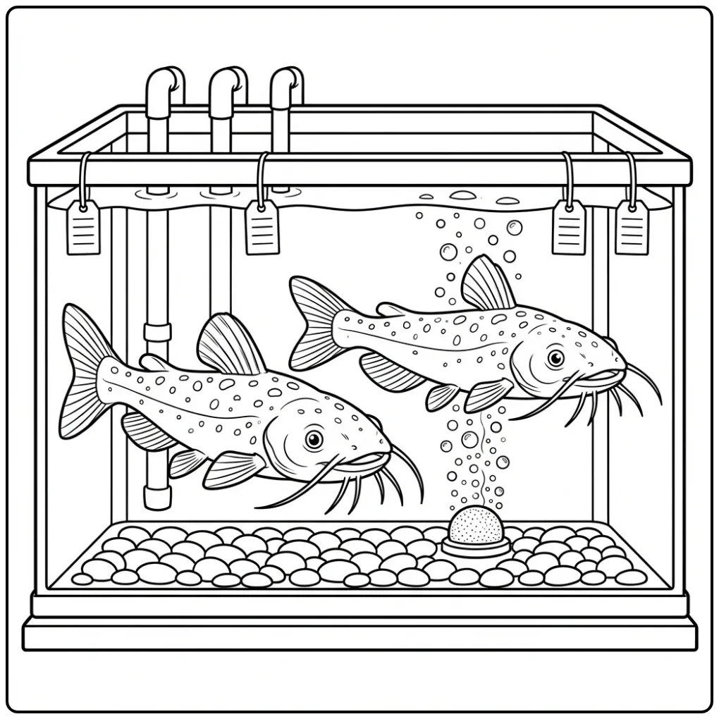 Cheerful Catfish Duo in Aquarium with Bubbles coloring page