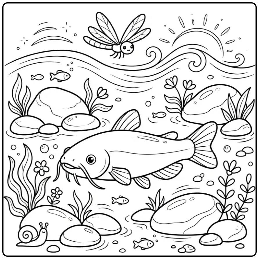 Cheerful Catfish with a Dragonfly and Plants coloring page