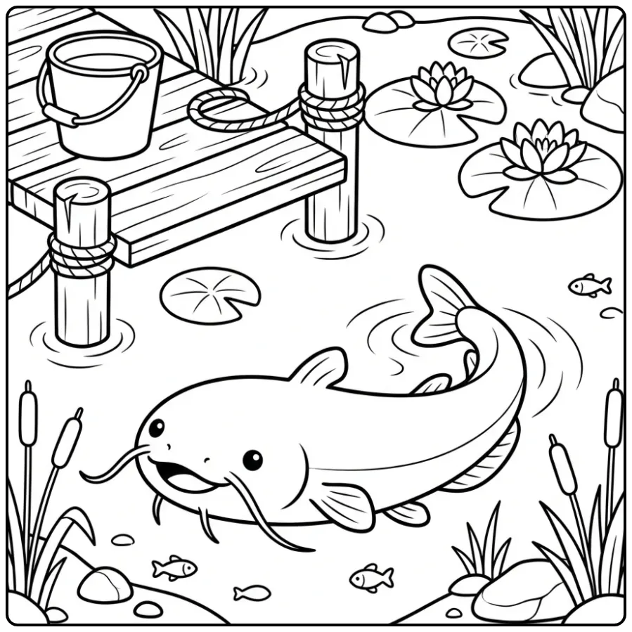 Cheerful Catfish Under the Wooden Dock coloring page