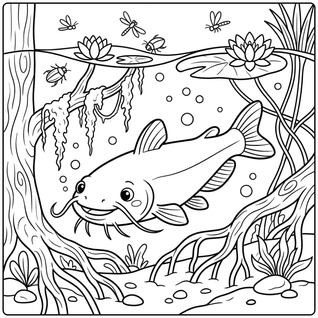 Cheerful Catfish Among Roots and Water Lilies coloring page