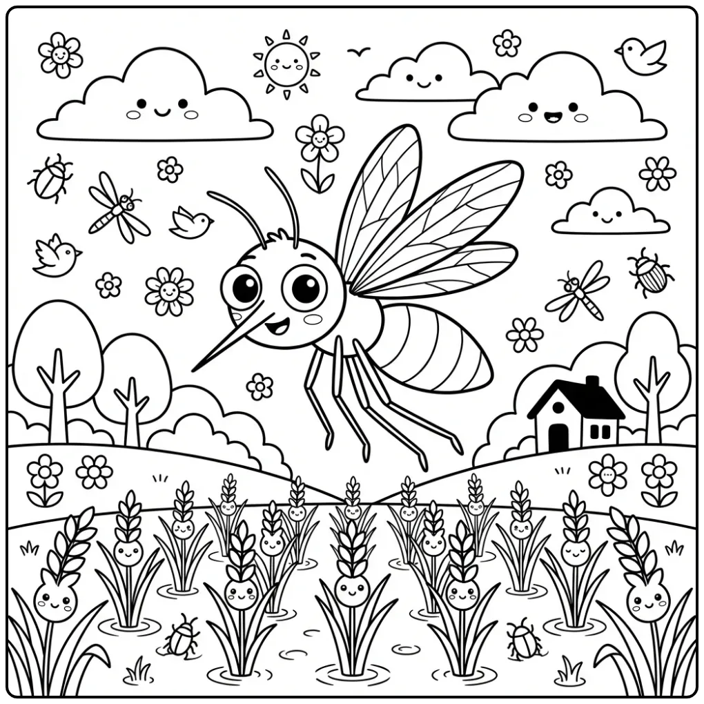 Mosquito coloring page featuring a mosquito above a rural field