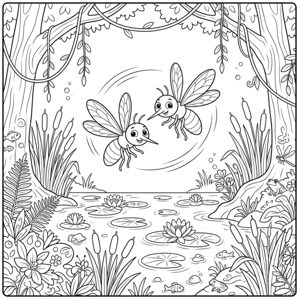 Mosquito coloring page featuring mosquitoes above a marsh