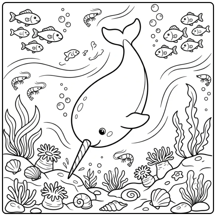 Cheerful Narwhal Searching for Food coloring page