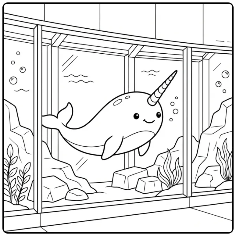 Cheerful Narwhal in an Arctic Aquarium coloring page