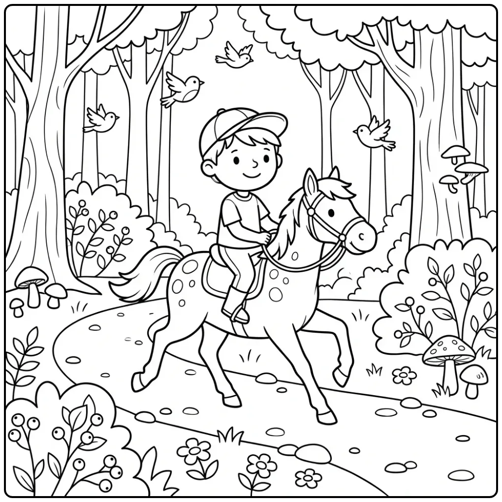 Cheerful Horse with Rider in the Forest coloring page