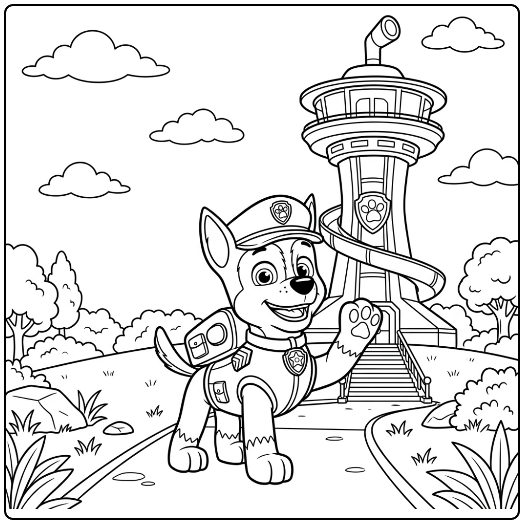 Cheerful Chase with the Paw Patrol Tower coloring page