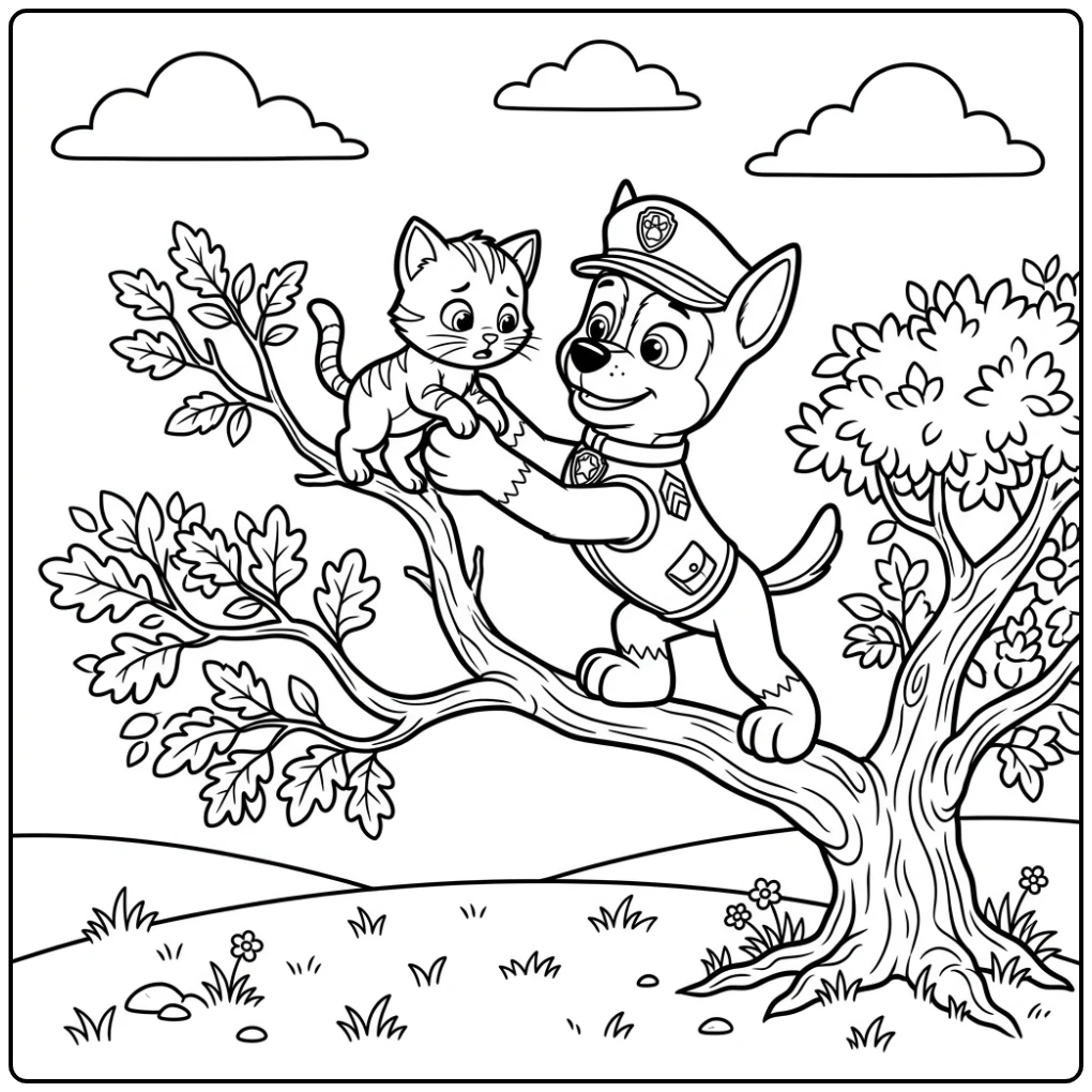 Cheerful Paw Patrol Chase a Brave Kitten Rescue Action coloring page