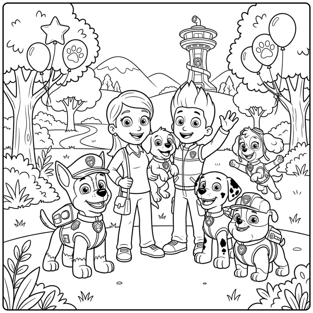 Cheerful Paw Patrol Chase with Friends in Adventure Bay coloring page
