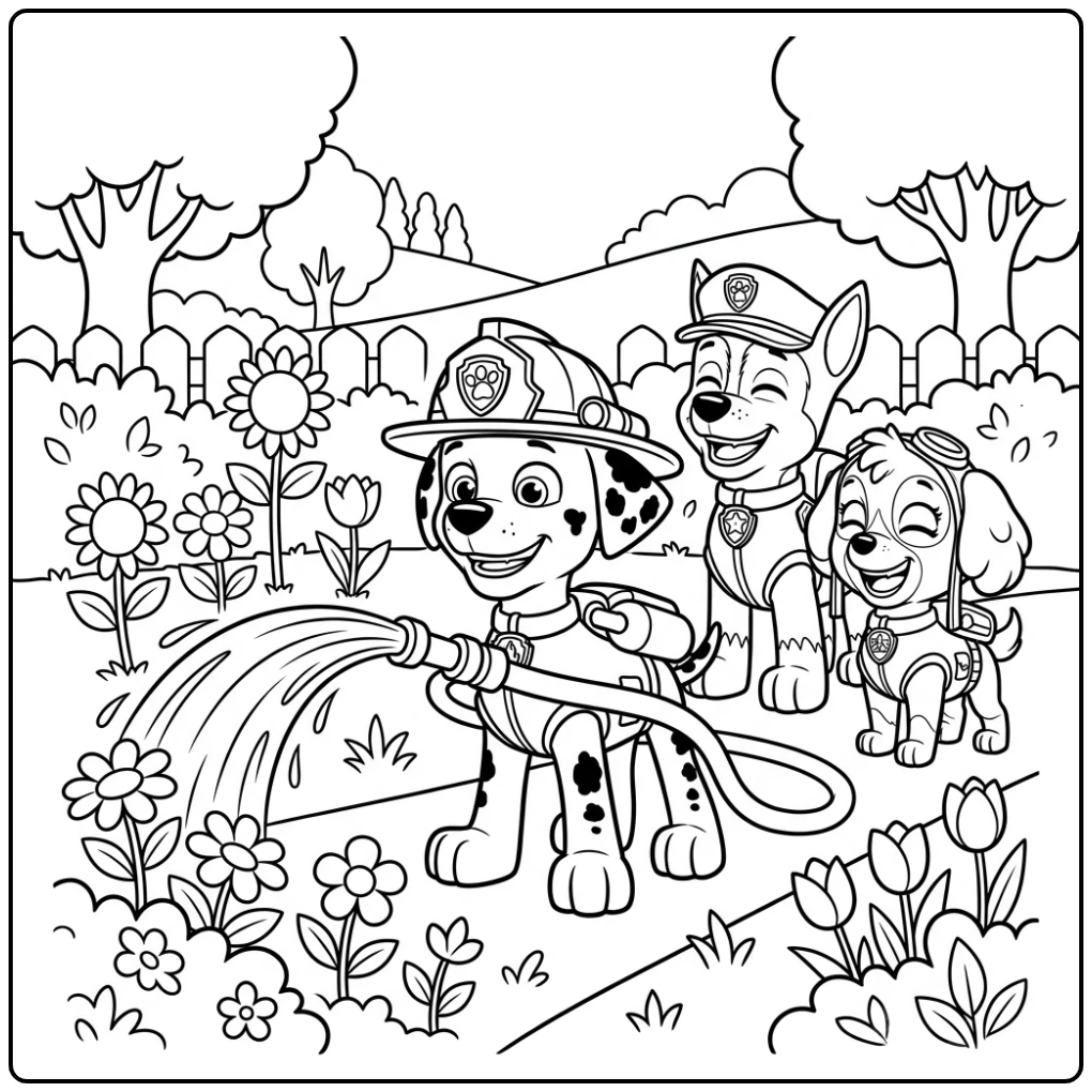 Cheerful Paw Patrol Marshall Watering Garden coloring page