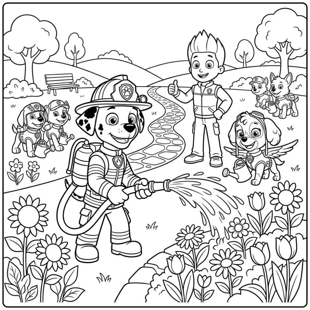 Cheerful Paw Patrol Marshall Watering Flowers coloring page