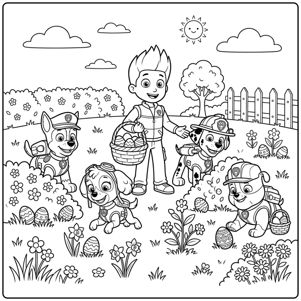 Cheerful Paw Patrol Easter Adventure with the Heroes coloring page