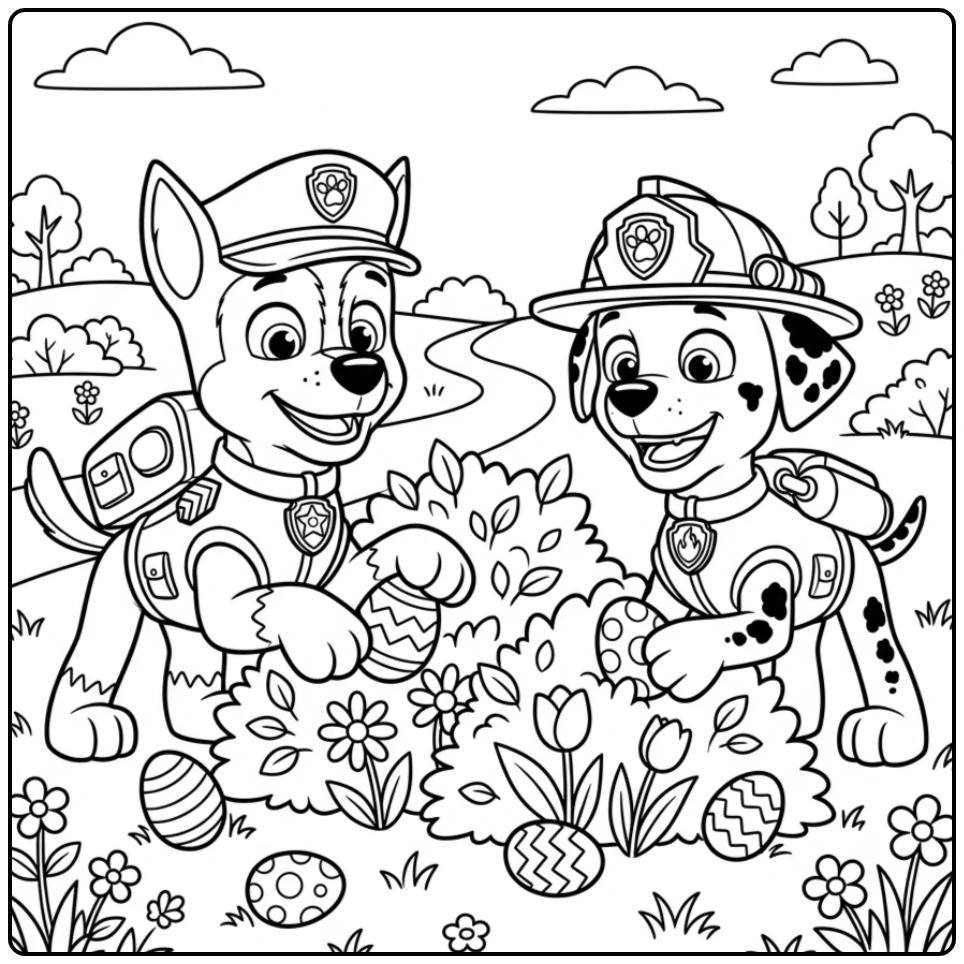Cheerful Paw Patrol Easter with Chase and Marshall coloring page