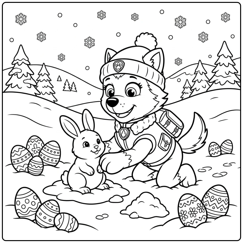 Cheerful Paw Patrol with Everest and Easter Eggs coloring page