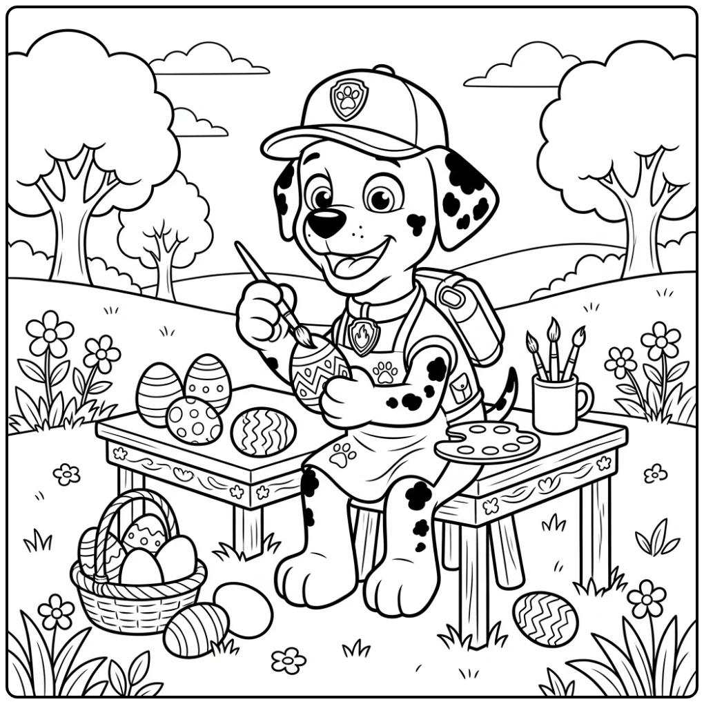 Cheerful Paw Patrol Easter with Marshall and Eggs coloring page