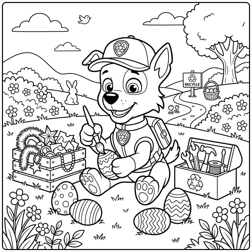 Cheerful Paw Patrol Rocky Building Easter Eggs coloring page