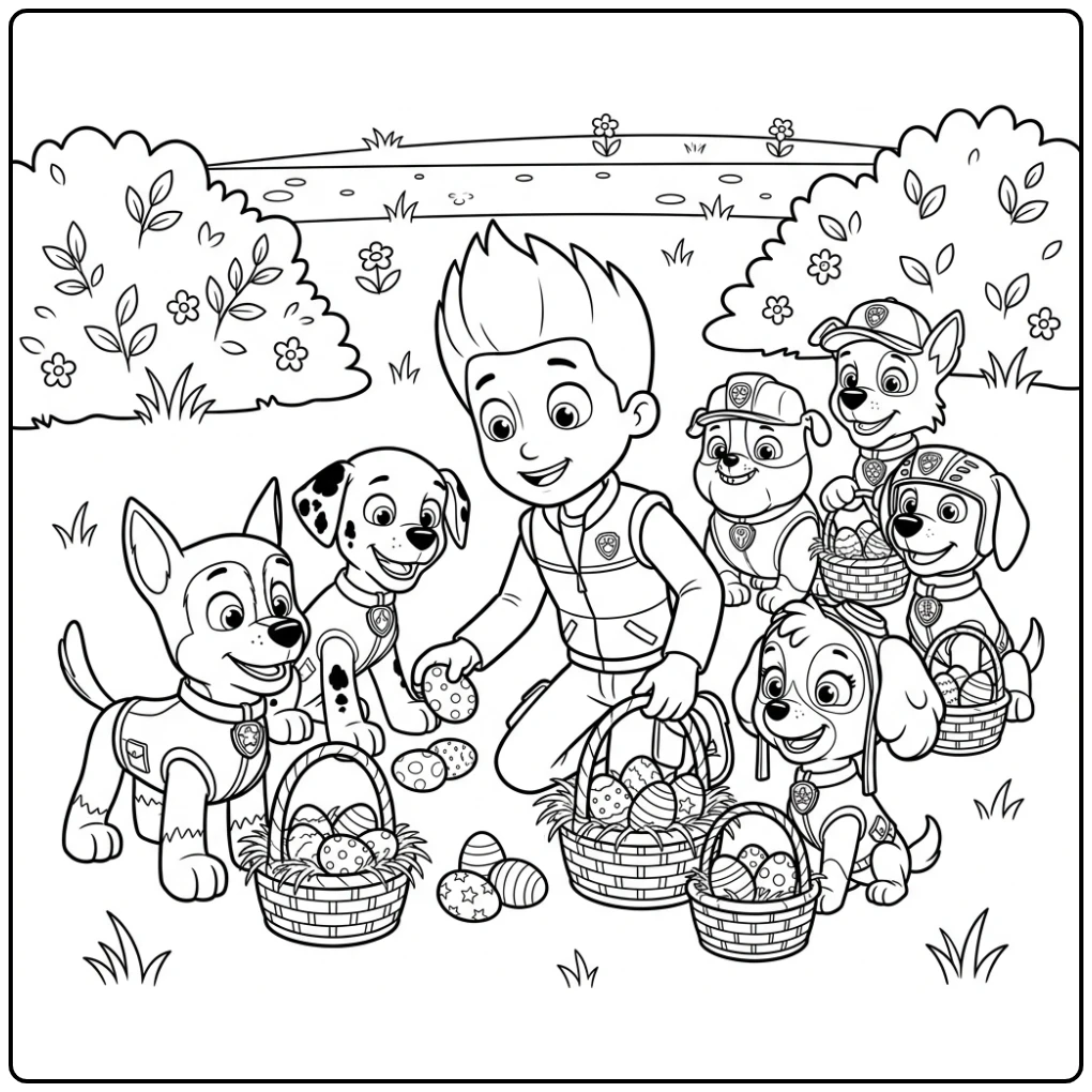 Paw Patrol Easter coloring page with an egg hunt