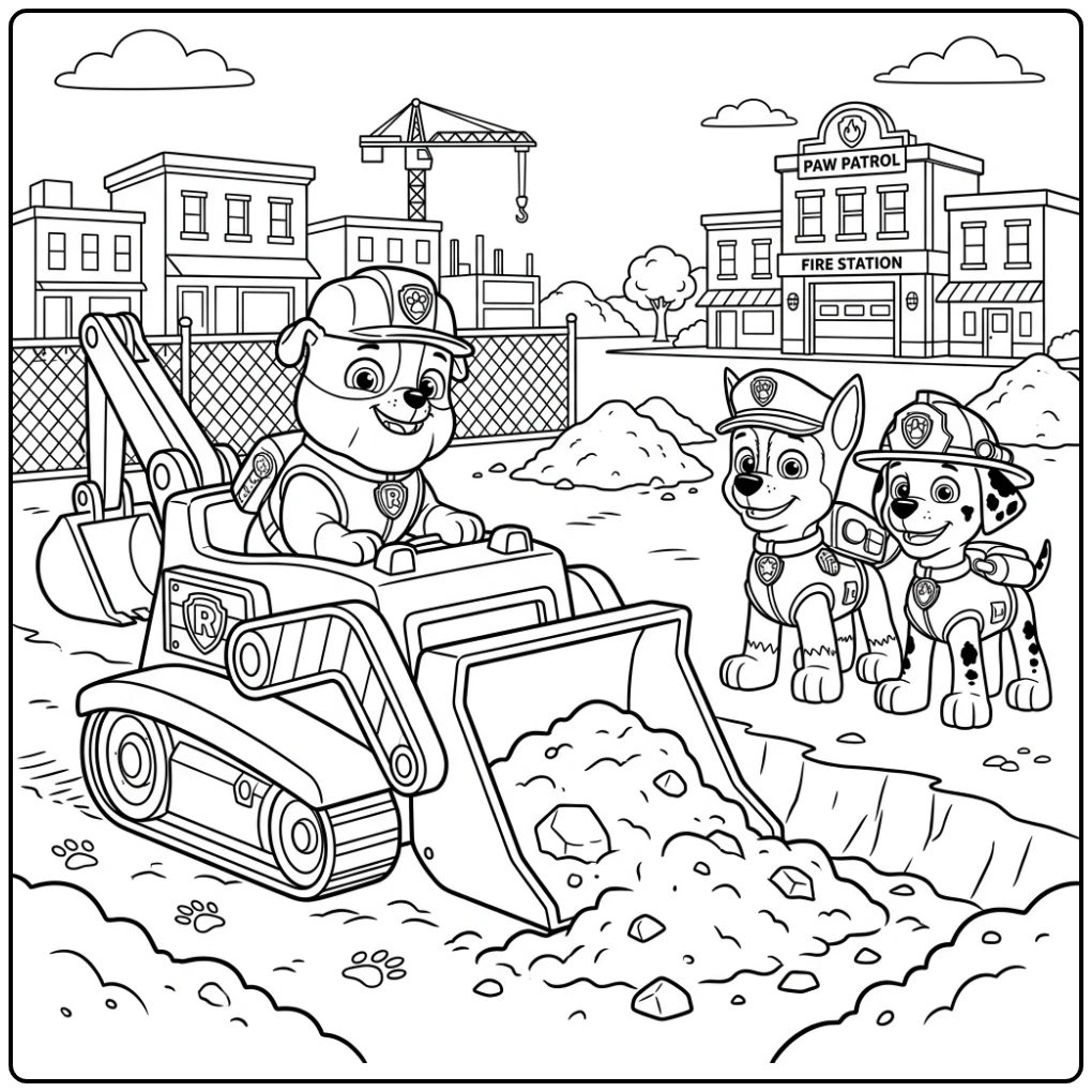 Cheerful Paw Patrol Rubble Digging and Building coloring page