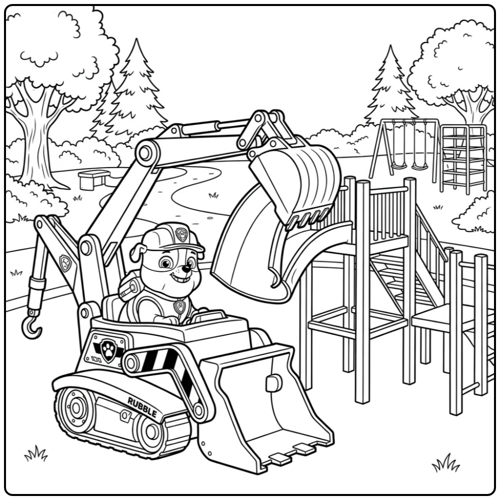 Cheerful Paw Patrol Rubble Repairing Slide coloring page