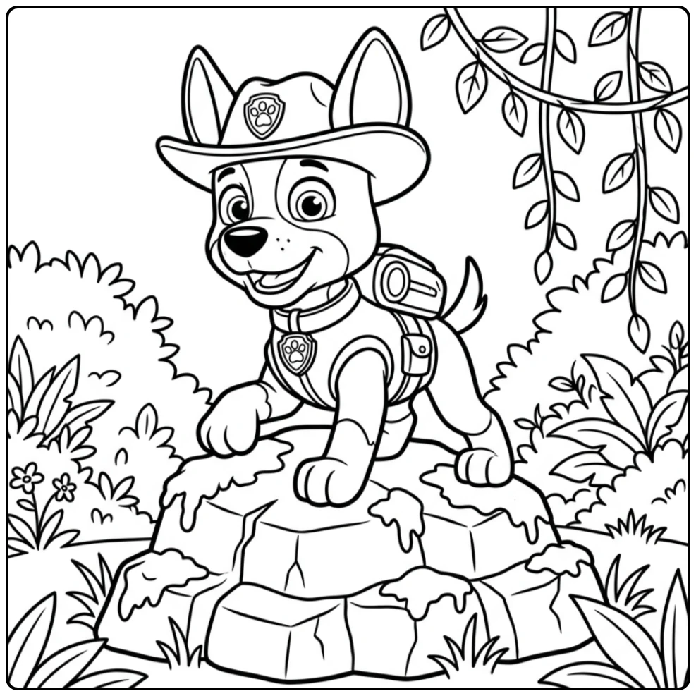 Cheerful Paw Patrol Tracker on Jungle Adventure coloring page