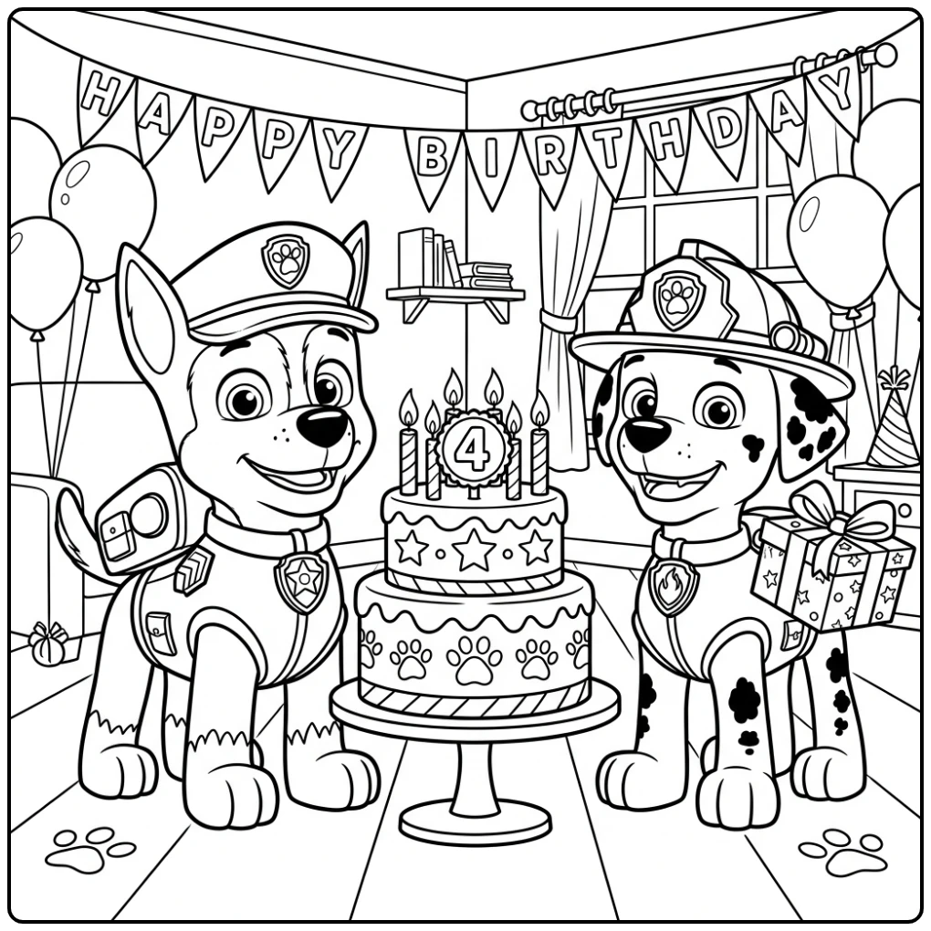 Cheerful Paw Patrol 4th Birthday with the Pups coloring page